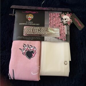 Ed Hardy Pink and White Shower Curtain Set with Skull Design